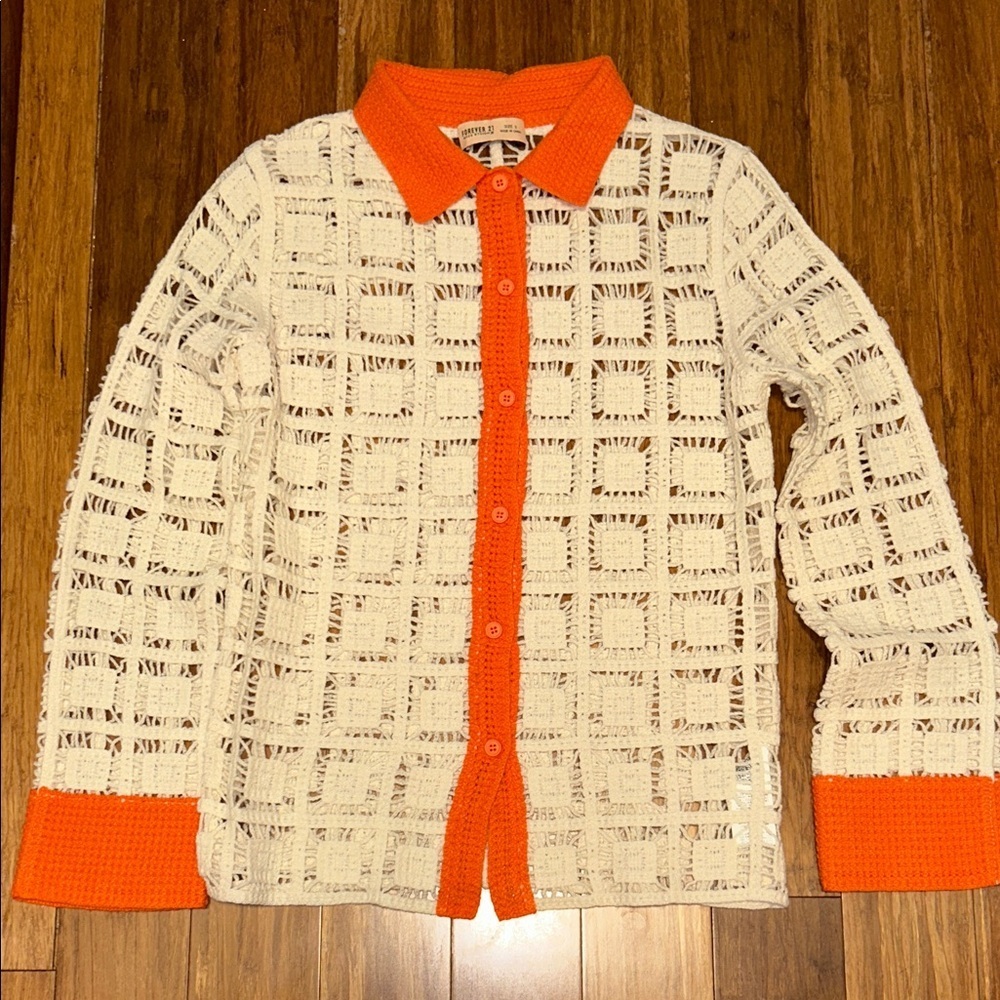 Forever 21 Cream and Orange Crochet Shirt Women’s Size Small Boho Festival